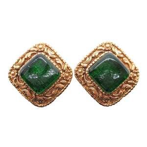 1991 Vintage CHANEL Gripois Earrings, Costume Jewelry, Gold and Green, Women's